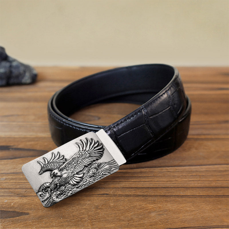 Cintura in pelle con fibbia automatica fai da te Eagle Spread Wings da uomo - Argento antico - Cintura con motivo coccodrillo nero (40) - image 1