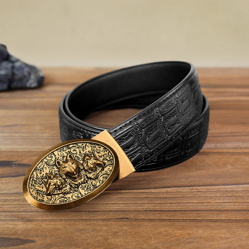 Cintura in pelle con fibbia automatica Hungry Wolves fai da te da uomo - Oro antico - Cintura con motivo serpente nero (40) - image 12