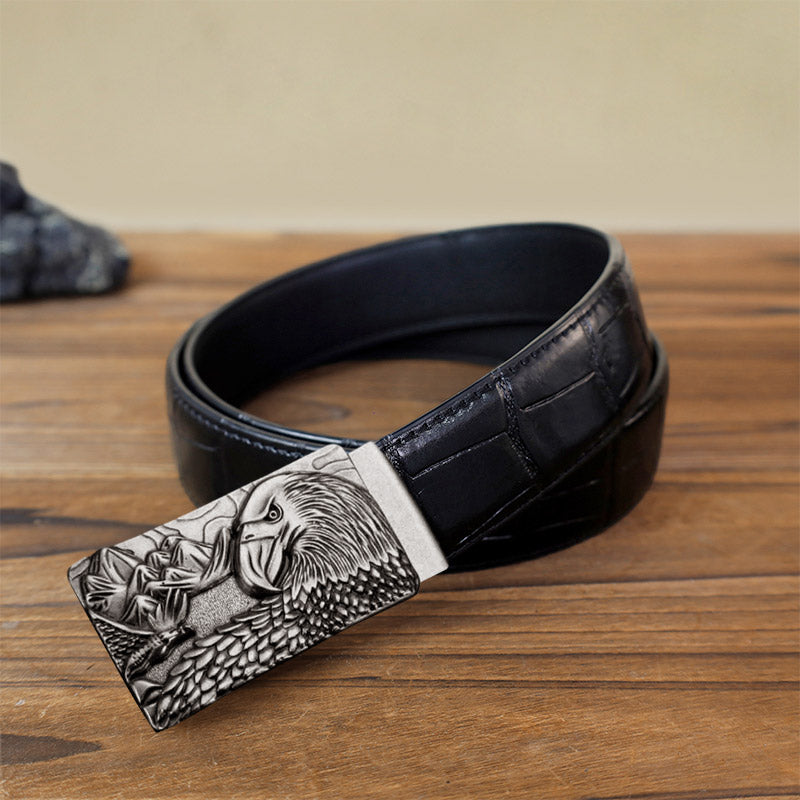 Cintura in pelle con fibbia automatica Strong Eagle fai da te da uomo - Argento antico - Cintura con motivo coccodrillo nero (40) - image 1