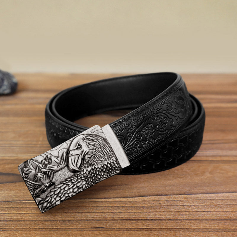 Cintura in pelle con fibbia automatica Strong Eagle fai da te da uomo - Argento antico - Cintura nera con motivo intagliato (40) - image 4