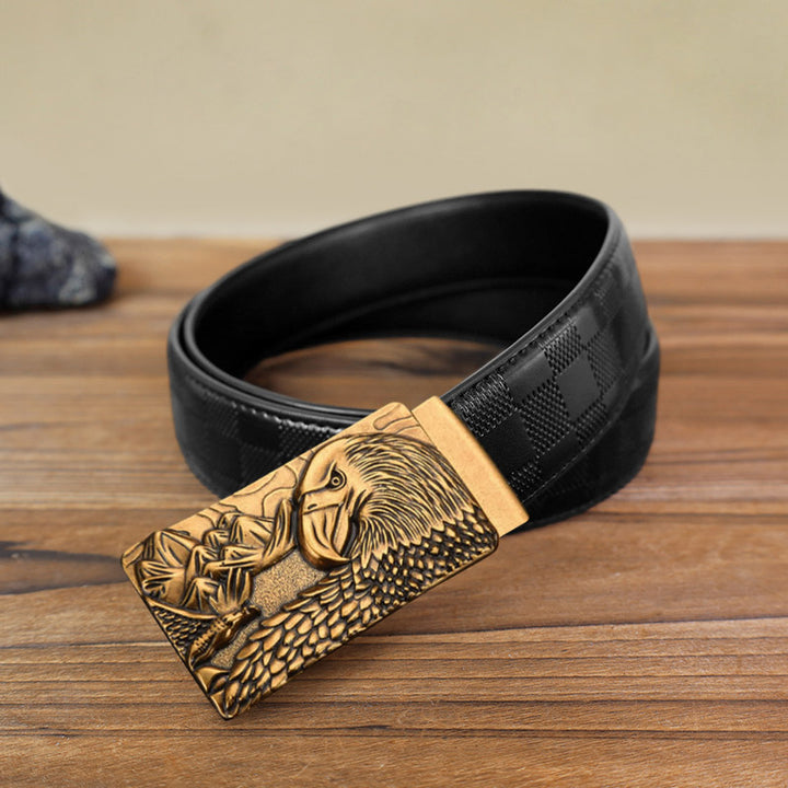 Cintura in pelle con fibbia automatica Strong Eagle fai da te da uomo - Oro antico - Cintura con motivo a quadri neri (40) - image 14