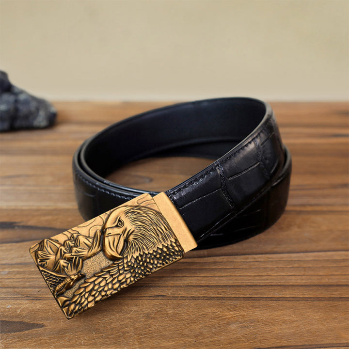 Cintura in pelle con fibbia automatica Strong Eagle fai da te da uomo - Oro antico - Cintura con motivo coccodrillo nero (40) - image 10