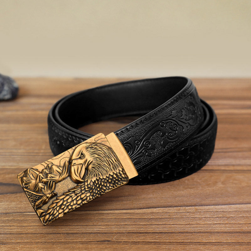 Cintura in pelle con fibbia automatica Strong Eagle fai da te da uomo - Oro antico - Cintura nera con motivo intagliato (40) - image 13