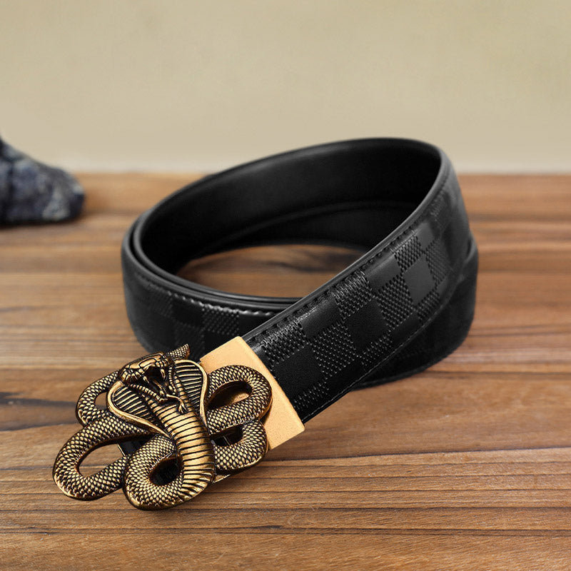 Cintura in pelle con fibbia automatica a forma di serpente misterioso fai da te da uomo - Oro antico - Cintura con motivo a quadri neri (40) - image 14