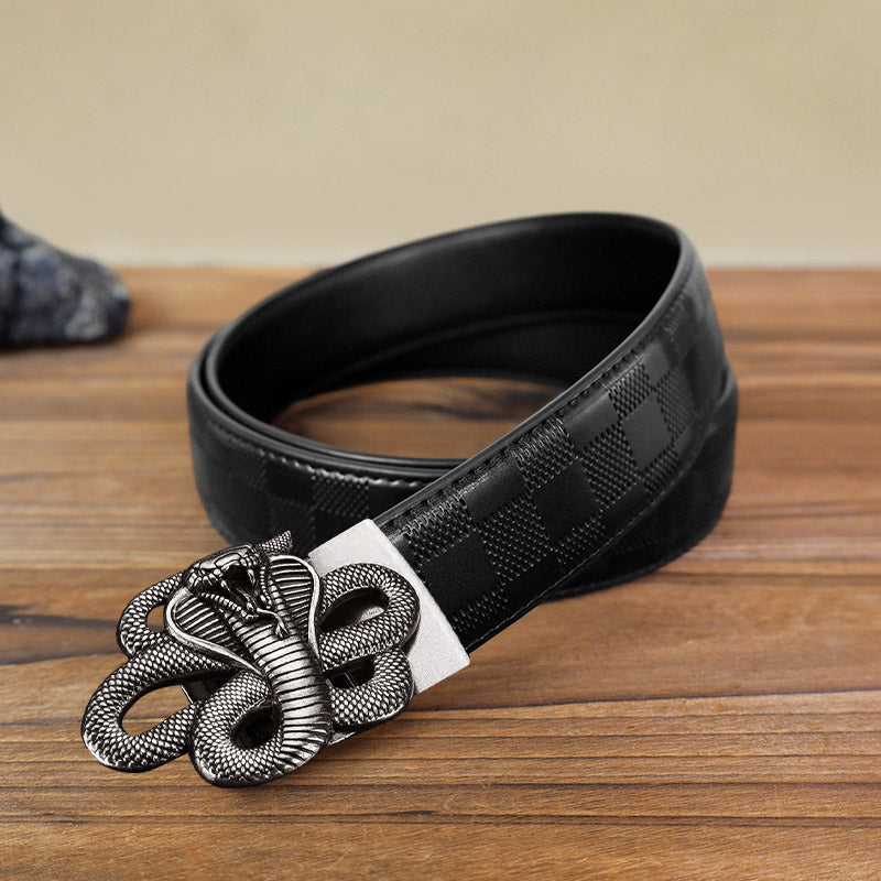 Cintura in pelle con fibbia automatica a forma di serpente misterioso fai da te da uomo - Argento antico - Cintura con motivo a quadri neri (40) - image 5