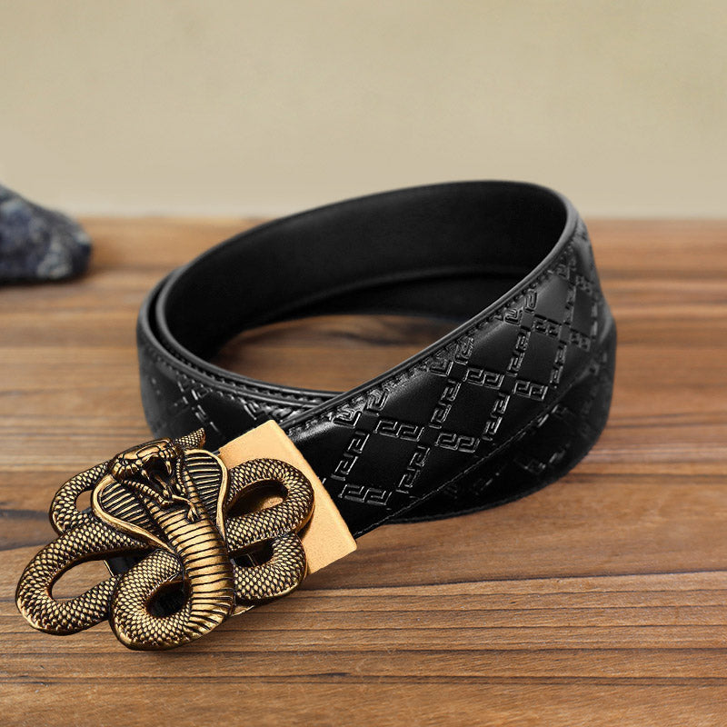 Cintura in pelle con fibbia automatica a forma di serpente misterioso fai da te da uomo - Oro antico - Cintura modello diamante nero (40) - image 11