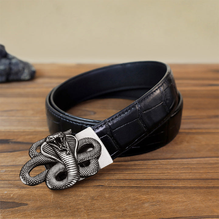 Cintura in pelle con fibbia automatica a forma di serpente misterioso fai da te da uomo - Argento antico - Cintura con motivo coccodrillo nero (40) - image 1