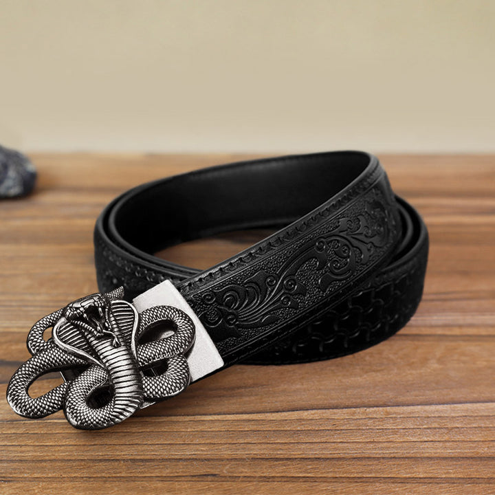 Cintura in pelle con fibbia automatica a forma di serpente misterioso fai da te da uomo - Argento antico - Cintura nera con motivo intagliato (40) - image 4