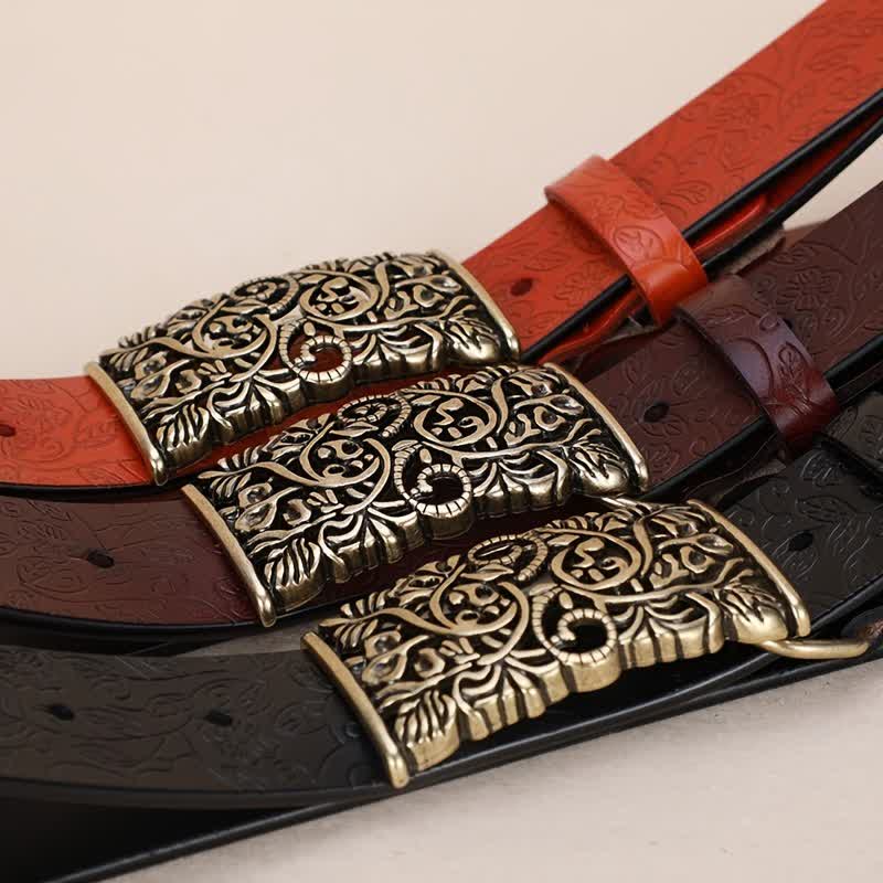 Cintura in pelle con fibbia a forma di fiore cavo in rilievo retrò da donna - image 1