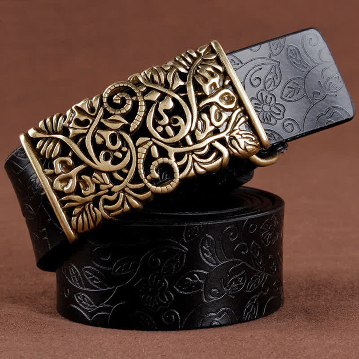 Cintura in pelle con fibbia a forma di fiore cavo in rilievo retrò da donna - Nero - 38 - image 7
