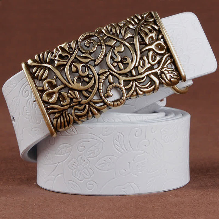 Cintura in pelle con fibbia a forma di fiore cavo in rilievo retrò da donna - Bianco - 38 - image 11