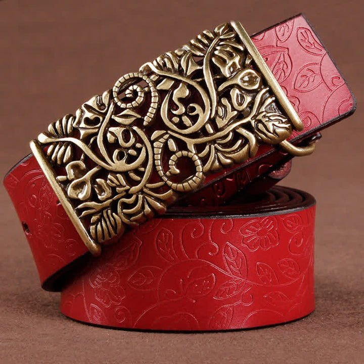 Cintura in pelle con fibbia a forma di fiore cavo in rilievo retrò da donna - Rosso - 38 - image 10