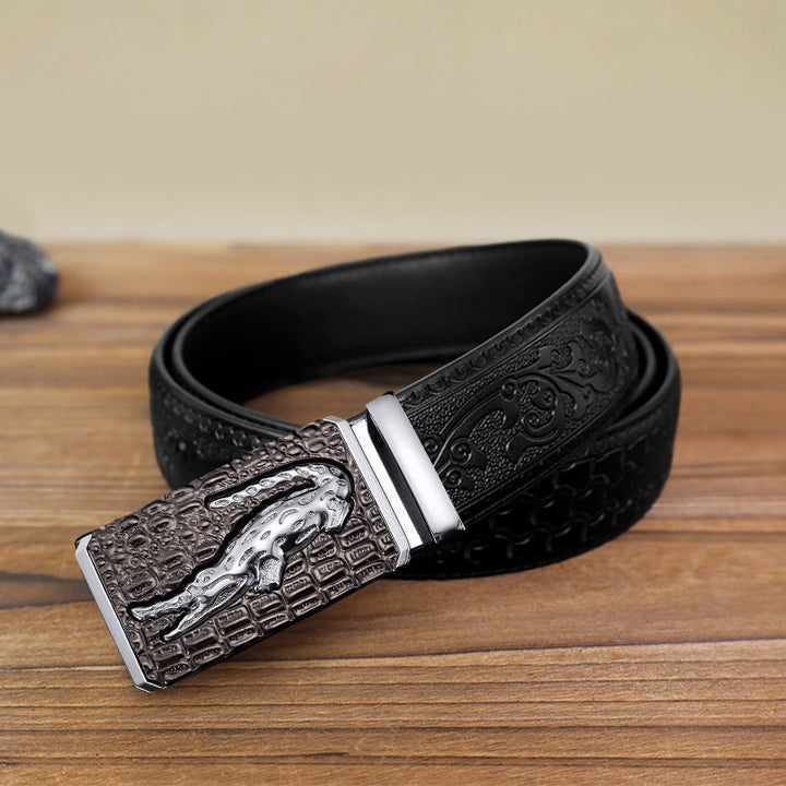 Cintura in pelle con fibbia automatica quadrata in coccodrillo fai da te da uomo - Argento - Cintura nera con motivo intagliato (40) - image 10