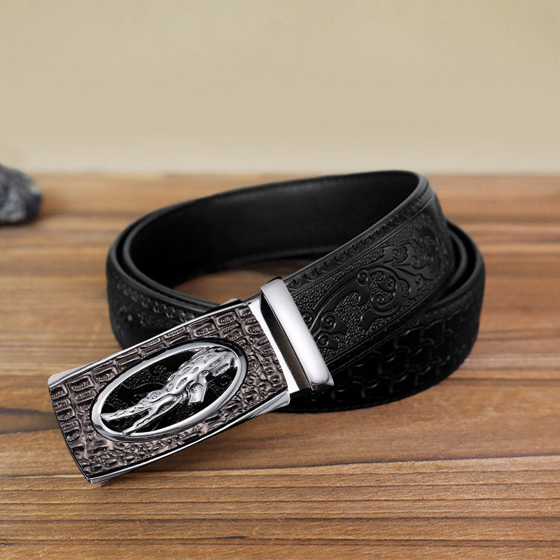 Cintura in pelle con fibbia automatica in coccodrillo cavo fai da te da uomo - Argento - Cintura nera con motivo intagliato (40) - image 10