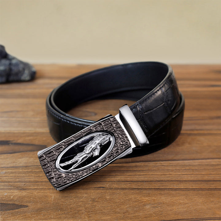 Cintura in pelle con fibbia automatica in coccodrillo cavo fai da te da uomo - Argento - Cintura con motivo coccodrillo nero (40) - image 7