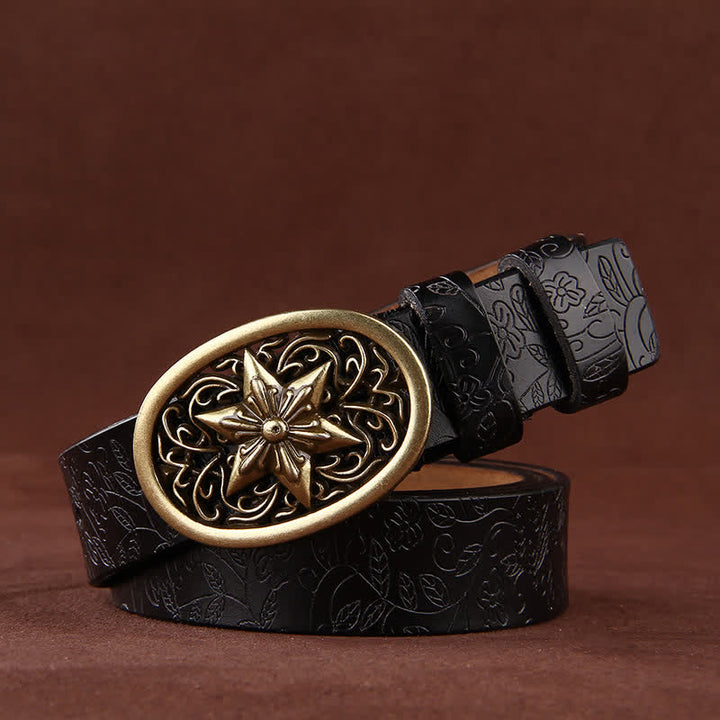 Cintura in pelle con fibbia a stella a cinque punte con stampa floreale da donna - Nero - 42 - image 3