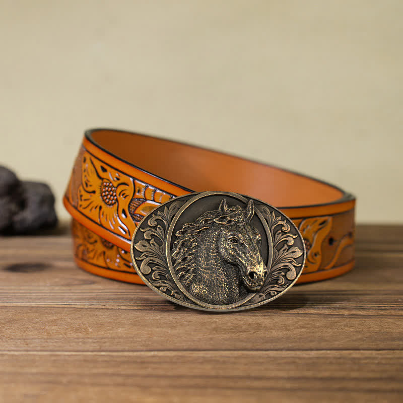 Cintura in pelle con fibbia a testa di cavallo fai da te da uomo - Bronzo antico - Cintura intagliata arancione (40) - image 26