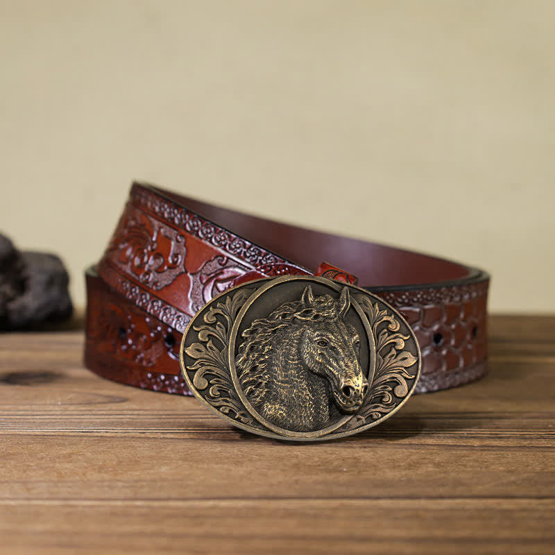 Cintura in pelle con fibbia a testa di cavallo fai da te da uomo - Bronzo antico - Cintura marrone intagliata (40) - image 19