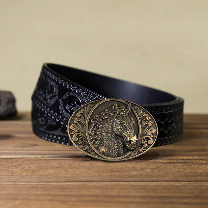 Cintura in pelle con fibbia a testa di cavallo fai da te da uomo - Bronzo antico - Cintura nera intagliata (40) - image 16