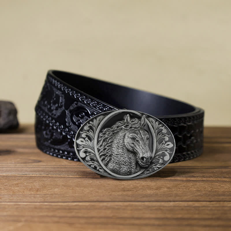 Cintura in pelle con fibbia a testa di cavallo fai da te da uomo - Testa di cavallo - Cintura nera intagliata (40) - image 15