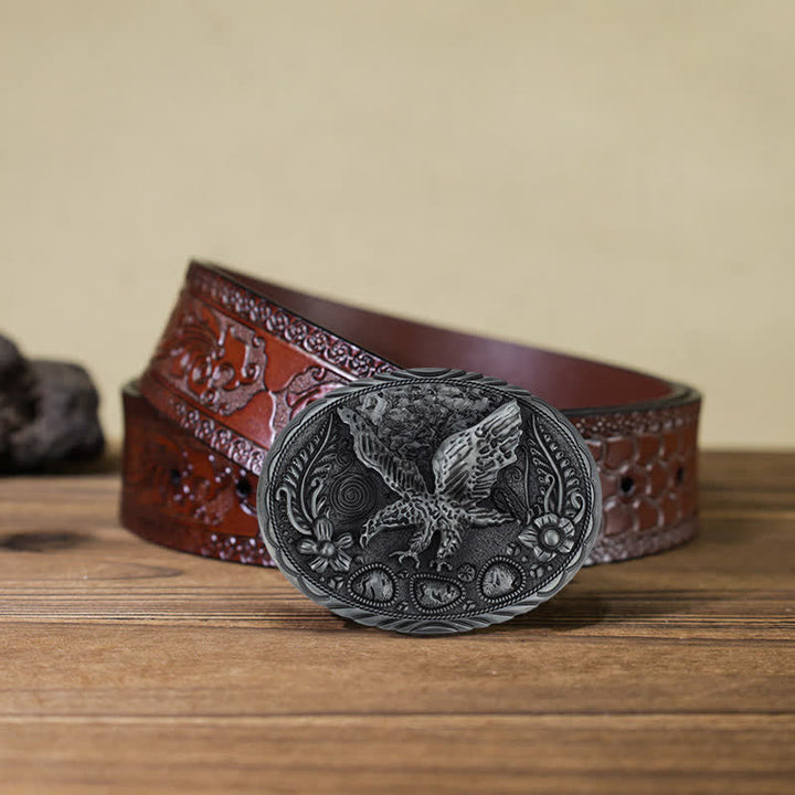 Cintura in pelle con fibbia in rilievo a forma di aquila e cavallo fai da te da uomo - Aquila - Cintura marrone intagliata (40) - image 18