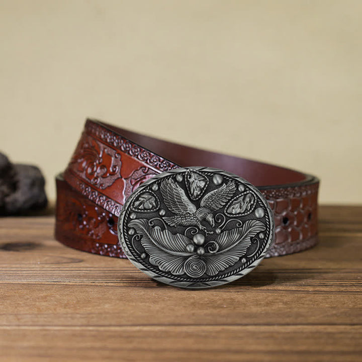 Cintura in pelle con fibbia in rilievo a forma di aquila e cavallo fai da te da uomo - Aquila e foglie - Cintura marrone intagliata (40) - image 19