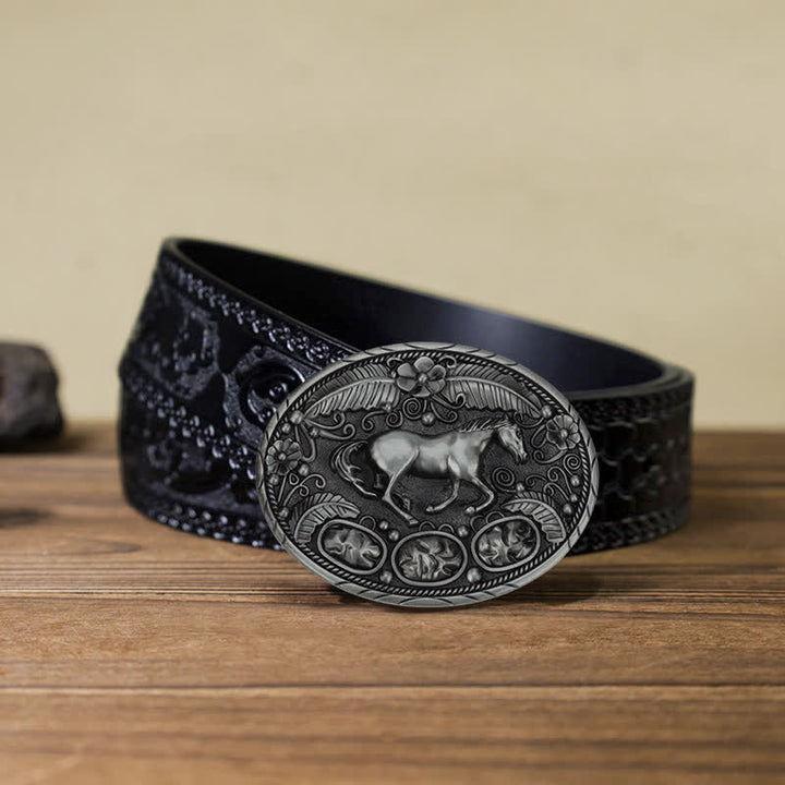 Cintura in pelle con fibbia in rilievo a forma di aquila e cavallo fai da te da uomo - Cavallo - Cintura nera intagliata (40) - image 14