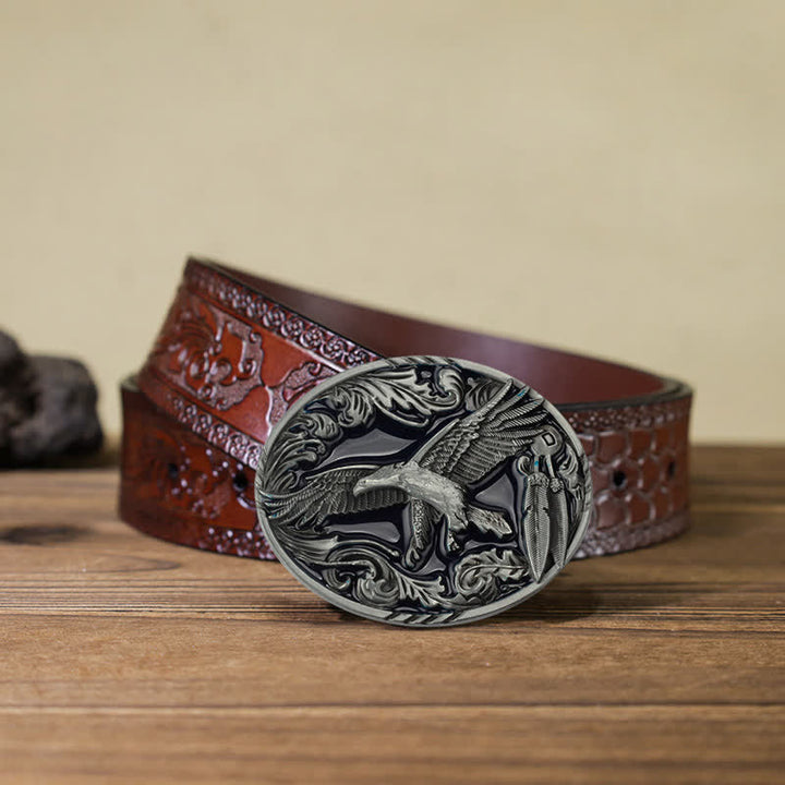 Cintura in pelle con fibbia ovale smaltata a forma di foglia d'aquila fai da te da uomo - Aquila - Cintura marrone intagliata (40) - image 11