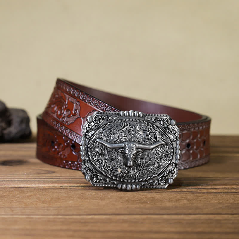 Cintura in pelle fai da te da uomo con fibbia a forma di testa di toro Longhorn - Testa di toro - Cintura marrone intagliata (40) - image 13