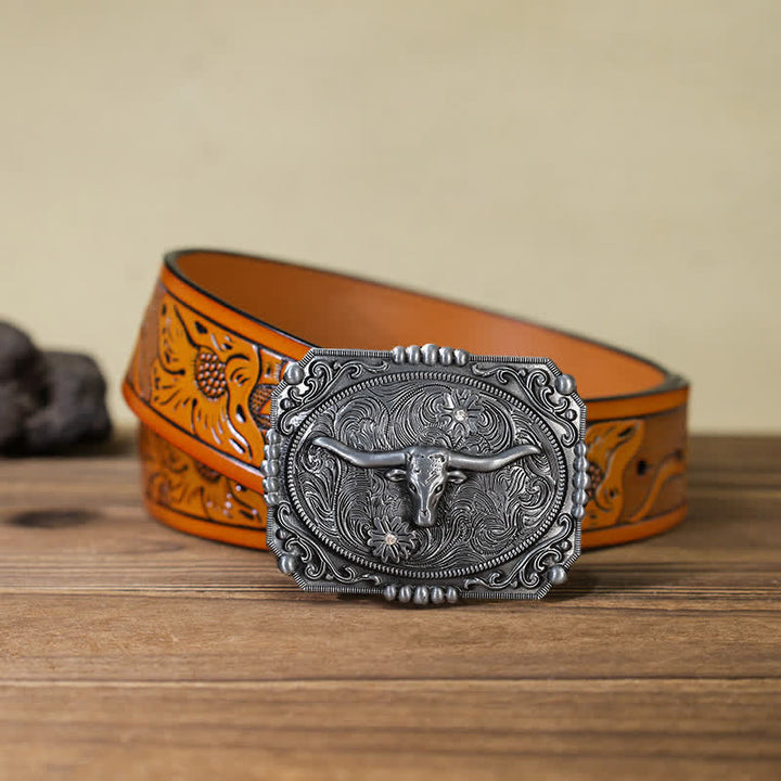 Cintura in pelle fai da te da uomo con fibbia a forma di testa di toro Longhorn - Testa di toro - Cintura intagliata arancione (40) - image 17
