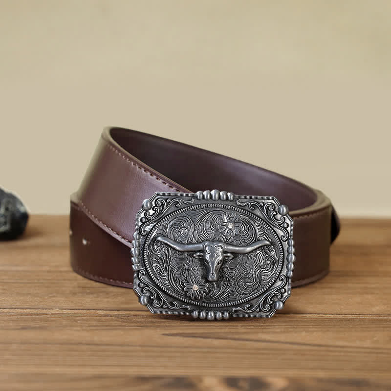 Cintura in pelle fai da te da uomo con fibbia a forma di testa di toro Longhorn - Testa di toro - Cintura PU marrone (40) - image 9