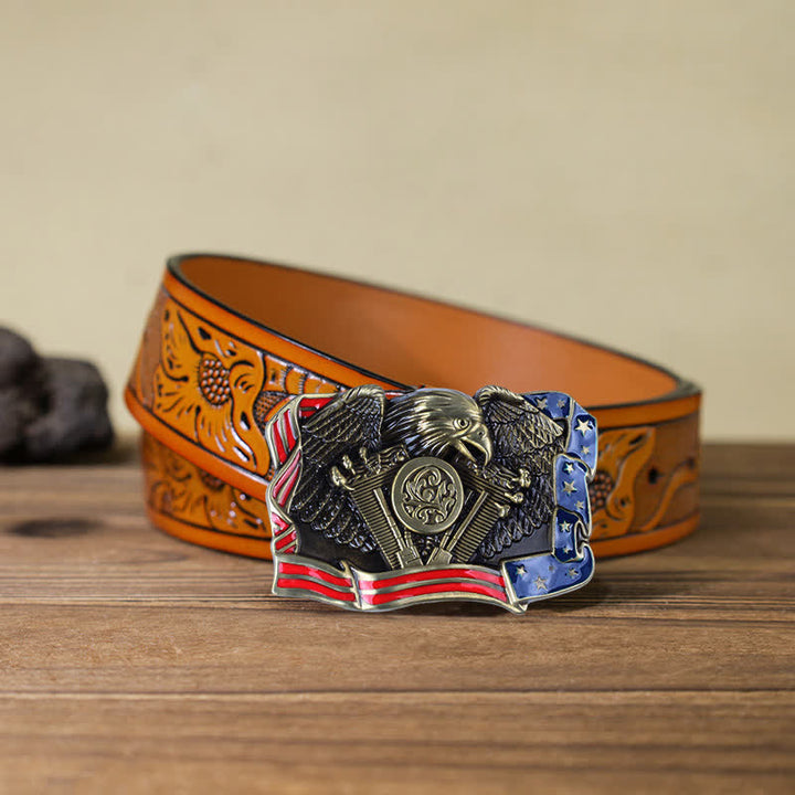 Cintura in pelle con fibbia multicolore patriottica aquila fai da te da uomo - Bronzo antico - Cintura intagliata arancione (40) - image 23