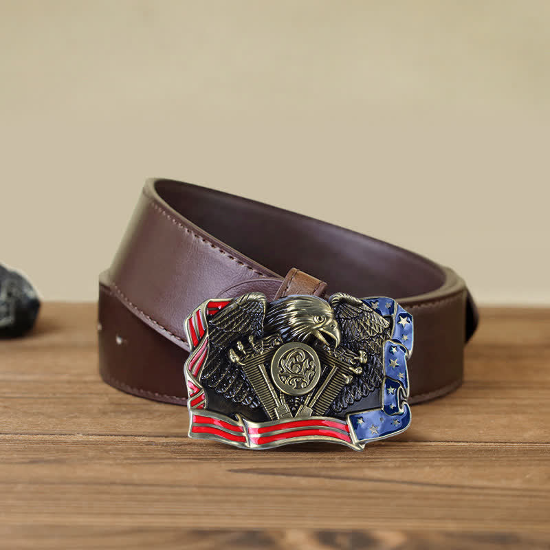 Cintura in pelle con fibbia multicolore patriottica aquila fai da te da uomo - Bronzo antico - Cintura PU marrone (40) - image 11
