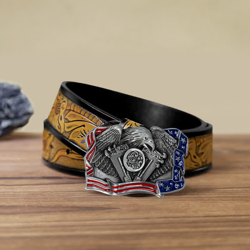 Cintura in pelle con fibbia multicolore patriottica aquila fai da te da uomo - Argento antico - Cintura marrone sabbia (40) - image 21