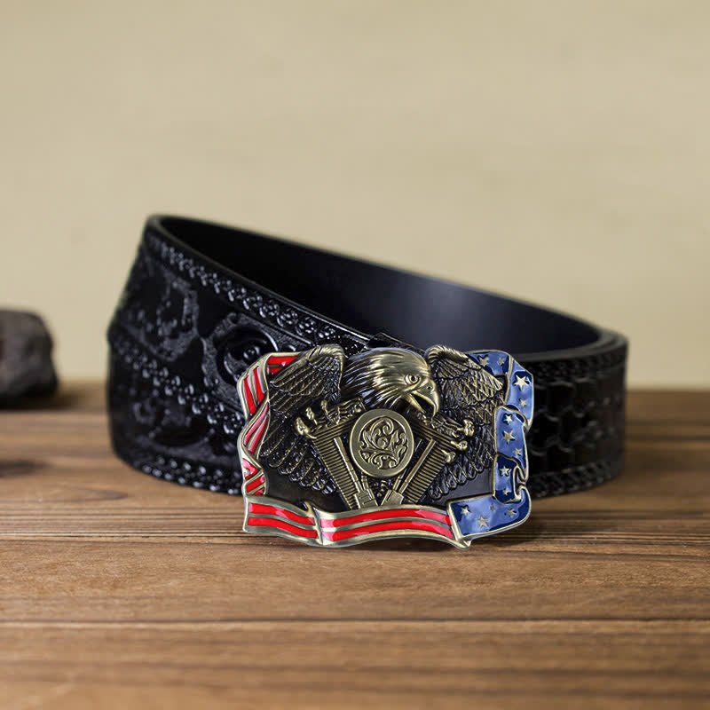 Cintura in pelle con fibbia multicolore patriottica aquila fai da te da uomo - Bronzo antico - Cintura nera intagliata (40) - image 14
