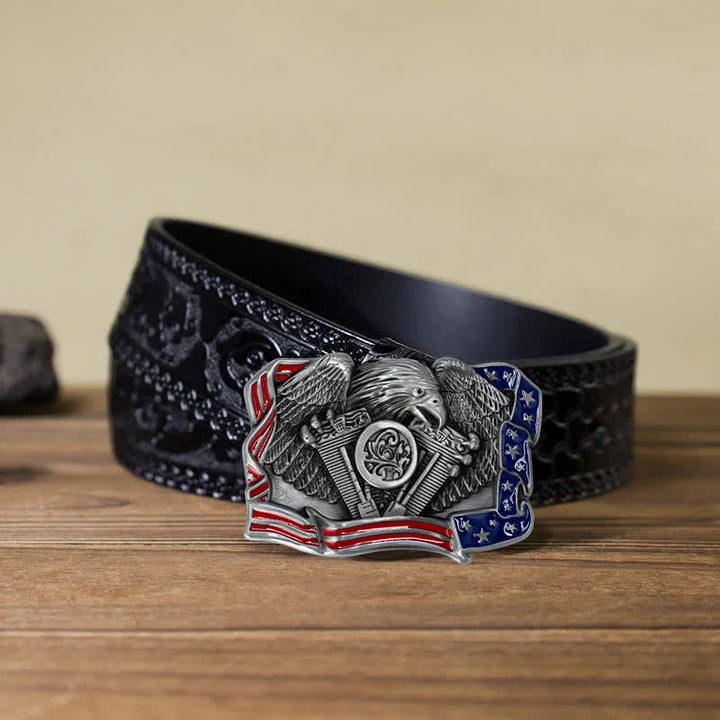 Cintura in pelle con fibbia multicolore patriottica aquila fai da te da uomo - Argento antico - Cintura nera intagliata (40) - image 15