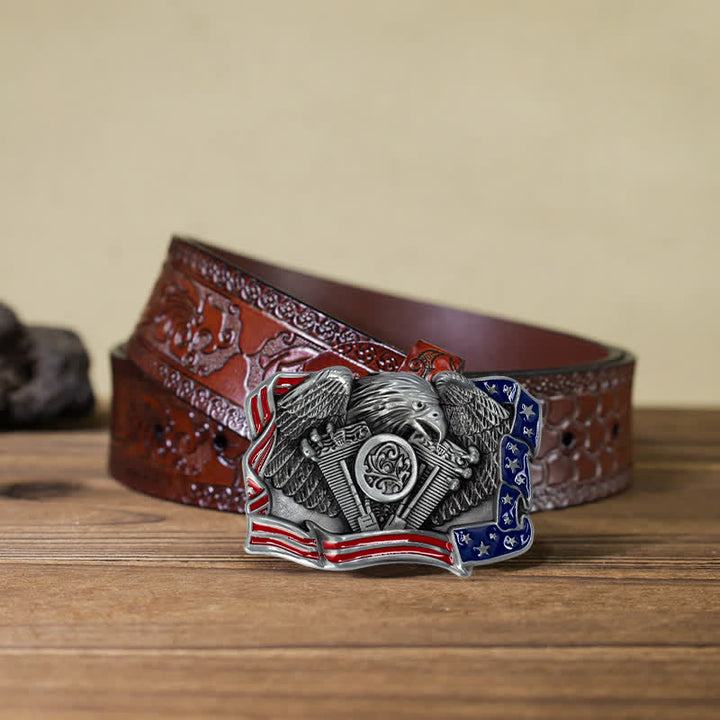 Cintura in pelle con fibbia multicolore patriottica aquila fai da te da uomo - Argento antico - Cintura marrone intagliata (40) - image 18