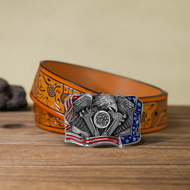 Cintura in pelle con fibbia multicolore patriottica aquila fai da te da uomo - Argento antico - Cintura intagliata arancione (40) - image 24