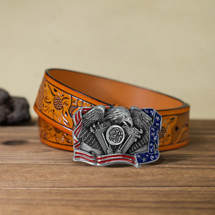 Cintura in pelle con fibbia multicolore patriottica aquila fai da te da uomo - Argento antico - Cintura intagliata arancione (40) - image 24