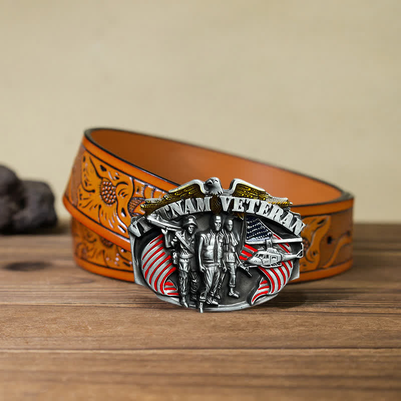 Cintura in pelle fai da te con fibbia da veterano del Vietnam da uomo - Veterano del Vietnam - Cintura intagliata arancione (40) - image 15