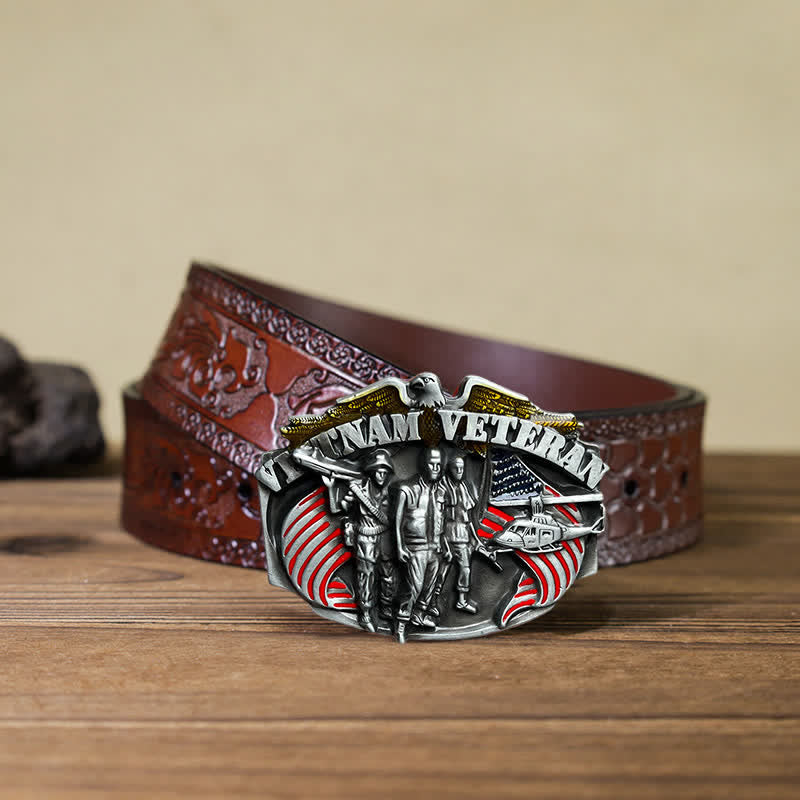 Cintura in pelle fai da te con fibbia da veterano del Vietnam da uomo - Veterano del Vietnam - Cintura marrone intagliata (40) - image 11