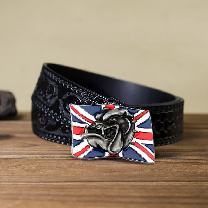 Cintura in pelle fai da te da uomo con fibbia a forma di testa di bulldog con bandiera britannica - Testa di bulldog - Cintura nera intagliata (40) - image 9