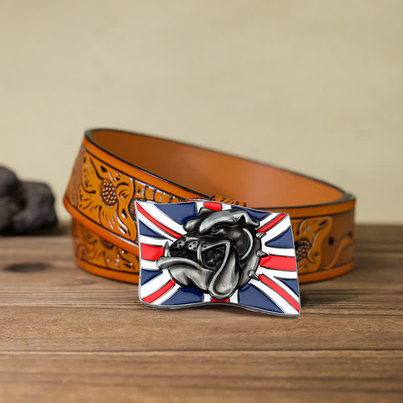 Cintura in pelle fai da te da uomo con fibbia a forma di testa di bulldog con bandiera britannica - Testa di bulldog - Cintura intagliata arancione (40) - image 15