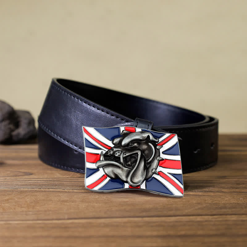 Cintura in pelle fai da te da uomo con fibbia a forma di testa di bulldog con bandiera britannica - Testa di bulldog - Cintura PU nera (40) - image 3