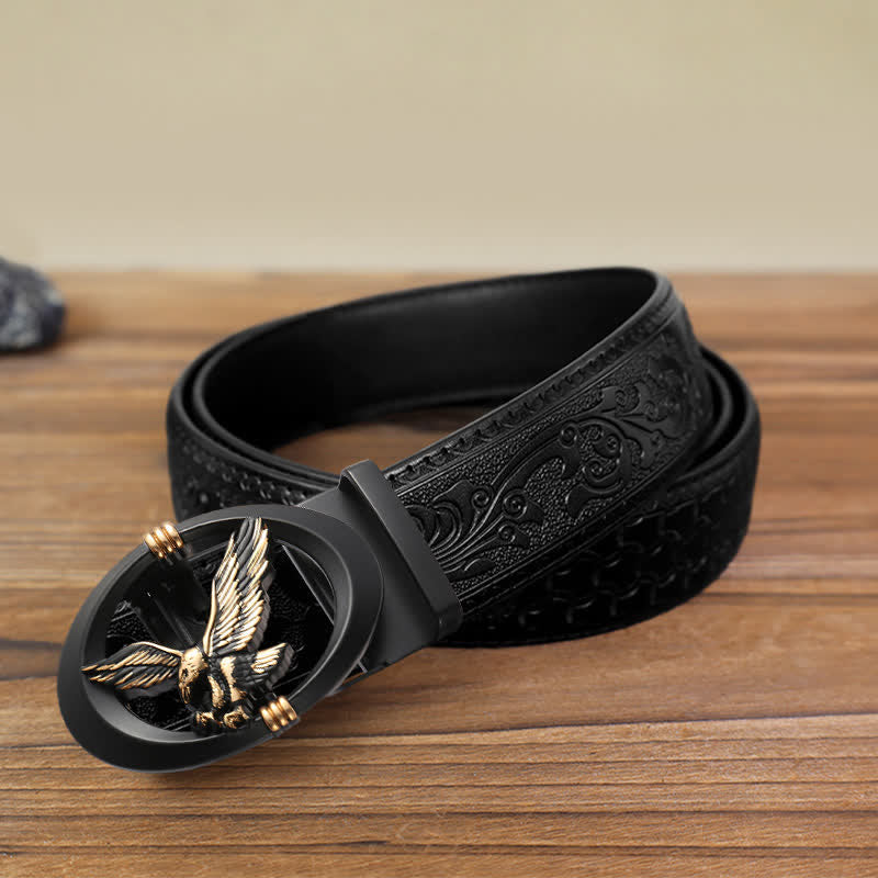 Cintura in pelle con fibbia automatica fai da te Eagle Black Hollow da uomo - Oro - Cintura nera con motivo intagliato (40) - image 8