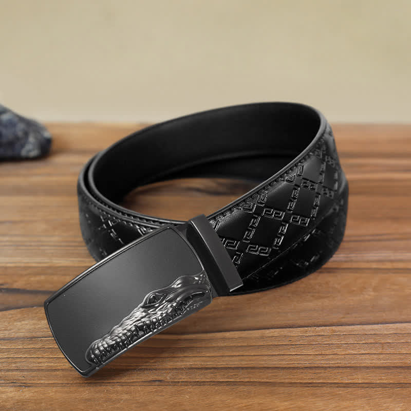 Cintura in pelle con fibbia automatica con testa di coccodrillo nera fai da te da uomo - Grigio - Cintura modello diamante nero (40) - image 14