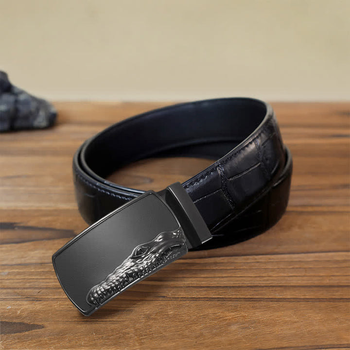 Cintura in pelle con fibbia automatica con testa di coccodrillo nera fai da te da uomo - Grigio - Cintura con motivo coccodrillo nero (40) - image 13