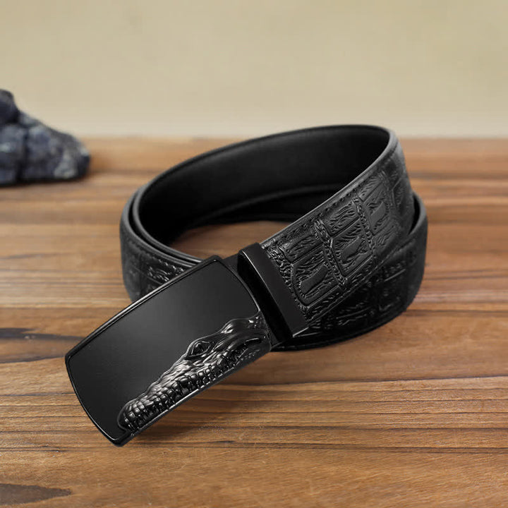 Cintura in pelle con fibbia automatica con testa di coccodrillo nera fai da te da uomo - Nero - Cintura con motivo serpente nero (40) - image 6