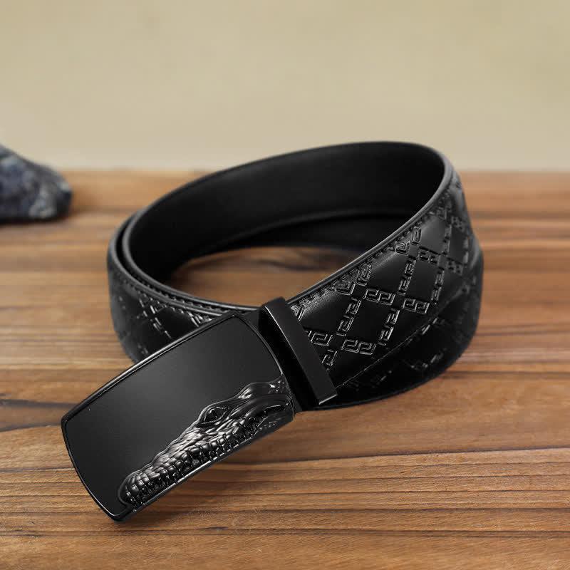 Cintura in pelle con fibbia automatica con testa di coccodrillo nera fai da te da uomo - Nero - Cintura modello diamante nero (40) - image 5