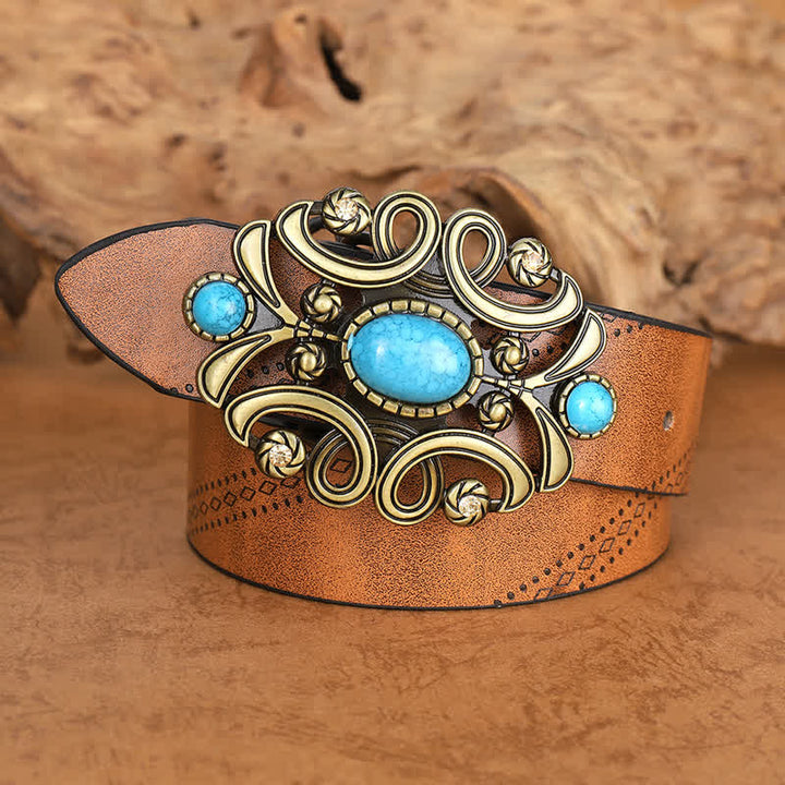Cintura in pelle con fibbia floreale in pietra turchese bohémien da donna - image 1